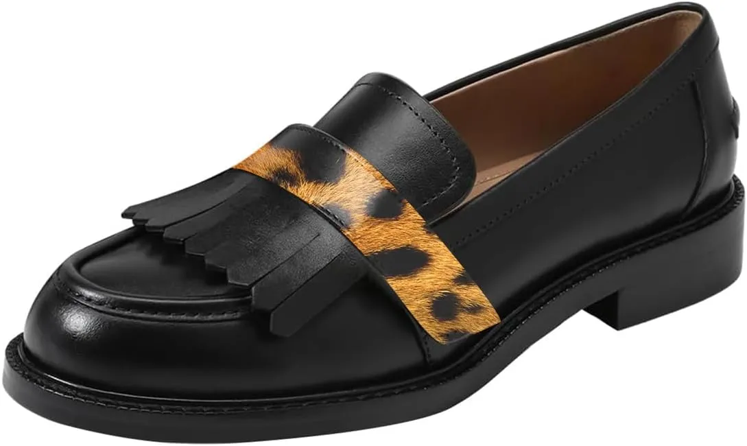 FOWT Women Round Toe Platform Penny Loafers Slip on Tassel Flat Pumps Contrast Stitching Office School Shoes Size 4-16 US