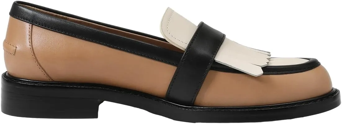 FOWT Women Round Toe Platform Penny Loafers Slip on Tassel Flat Pumps Contrast Stitching Office School Shoes Size 4-16 US
