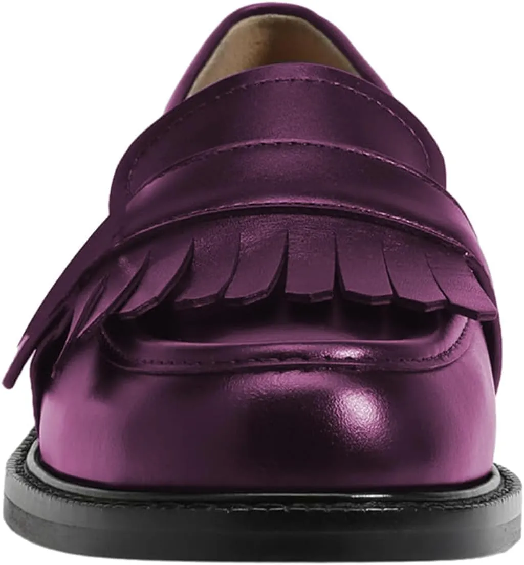 FOWT Women Round Toe Platform Penny Loafers Slip on Tassel Flat Pumps Contrast Stitching Office School Shoes Size 4-16 US