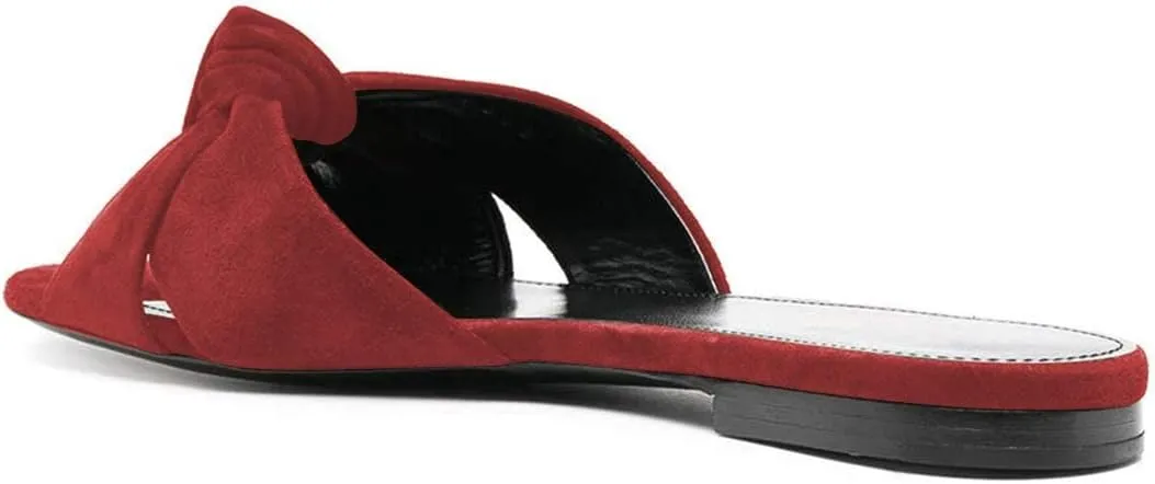 FSJ Women Leisure Faux Suede Bowtie Slides Sandal Open Toe Flat Slippers Vacation Lounge Shopping Shoes