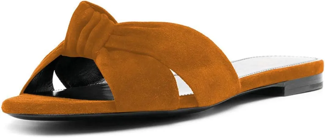 FSJ Women Leisure Faux Suede Bowtie Slides Sandal Open Toe Flat Slippers Vacation Lounge Shopping Shoes