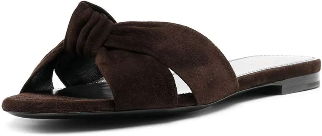 FSJ Women Leisure Faux Suede Bowtie Slides Sandal Open Toe Flat Slippers Vacation Lounge Shopping Shoes