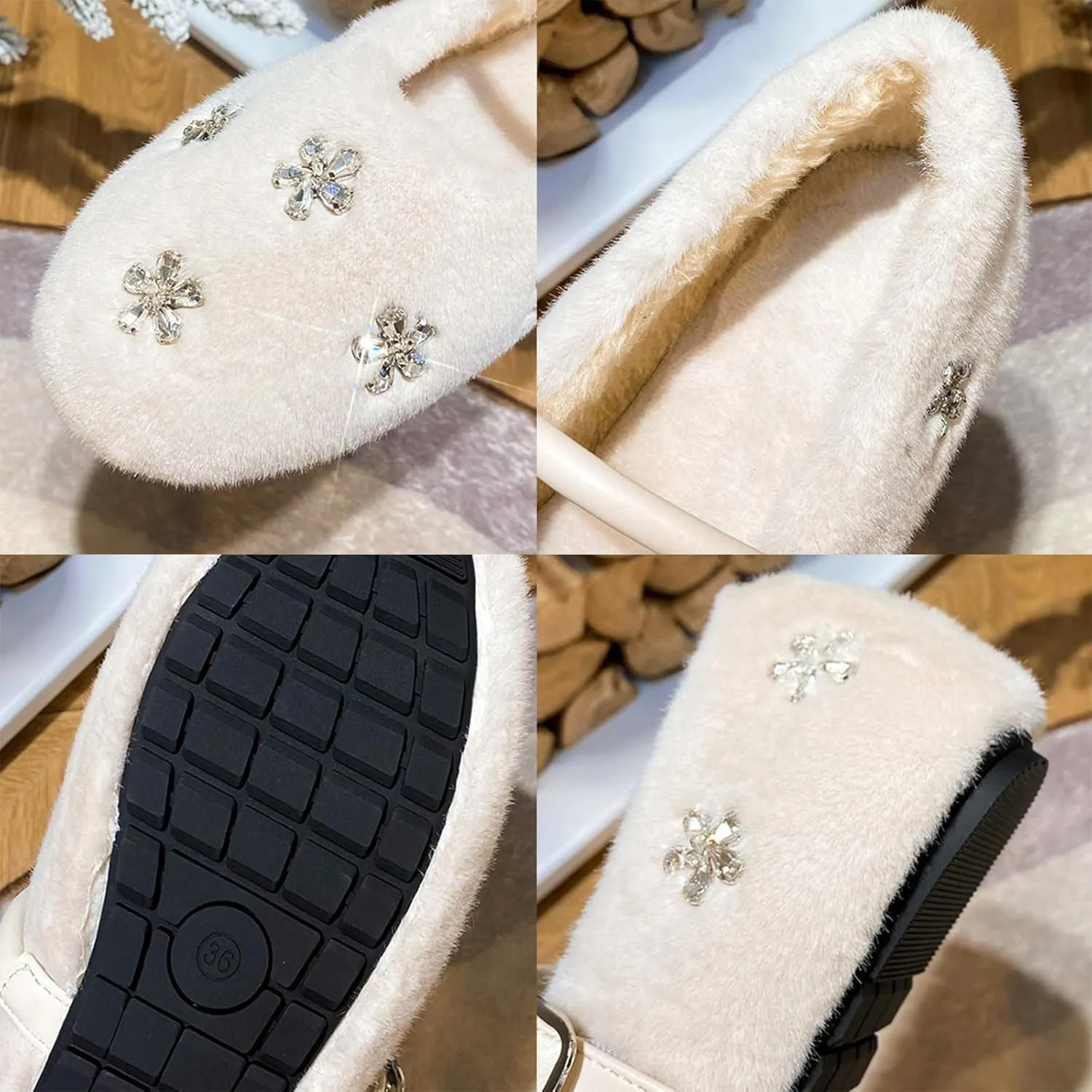 Fuzzy Loafers for Women Slip On Faux Fur Winter Ballet Flats Rhinestones Mary Janes Womens Moccasin Slippers