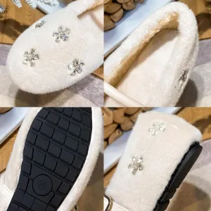 Fuzzy Loafers for Women Slip On Faux Fur Winter Ballet Flats Rhinestones Mary Janes Womens Moccasin Slippers
