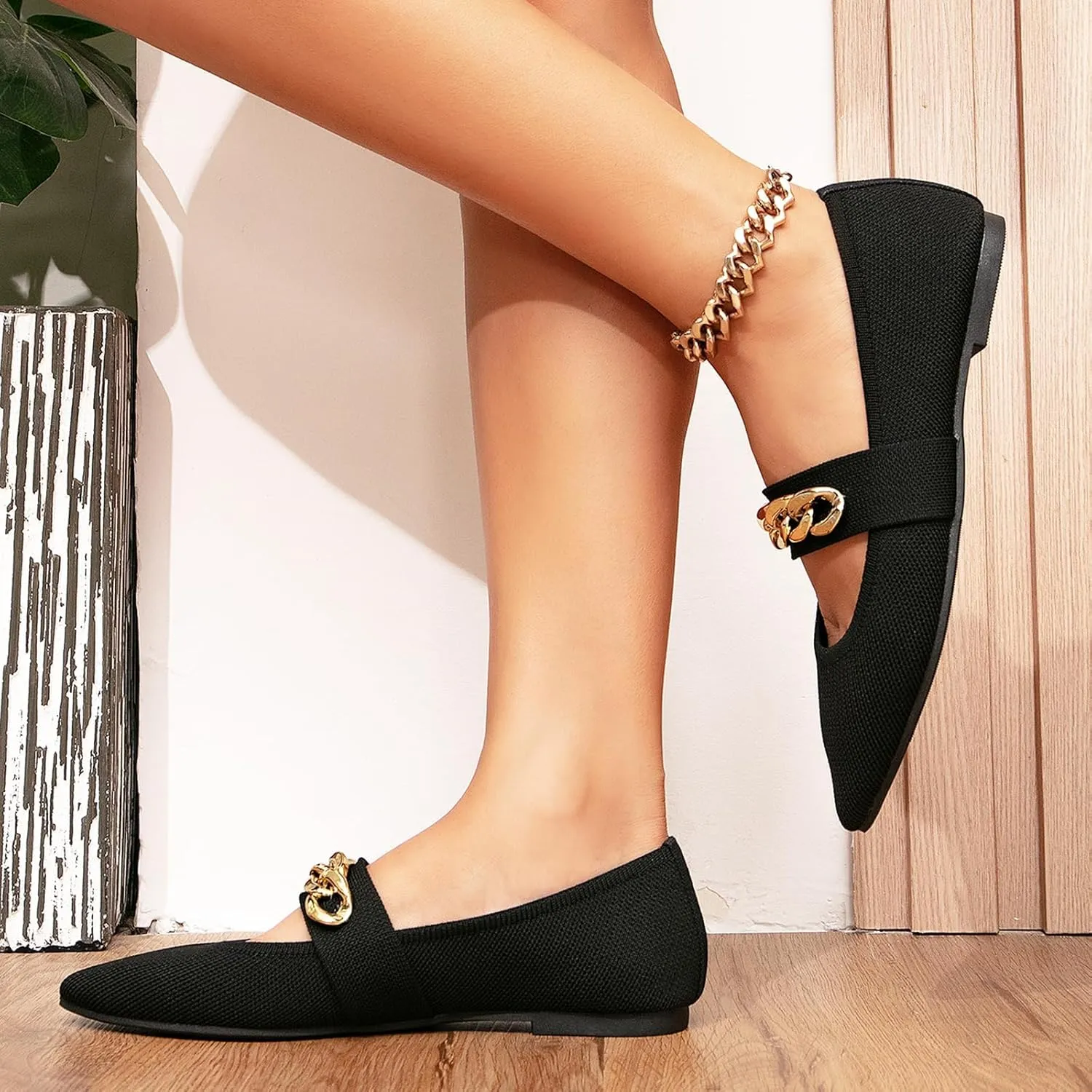 GATUXUS Women's Pointed Toe Knitted Flats Shoes Metal Chain Strap Slip On Comfortable Dress Ballet Flat Breathable