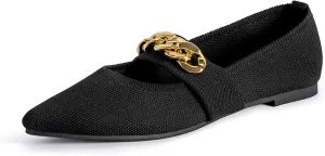 GATUXUS Women's Pointed Toe Knitted Flats Shoes Metal Chain Strap Slip On Comfortable Dress Ballet Flat Breathable