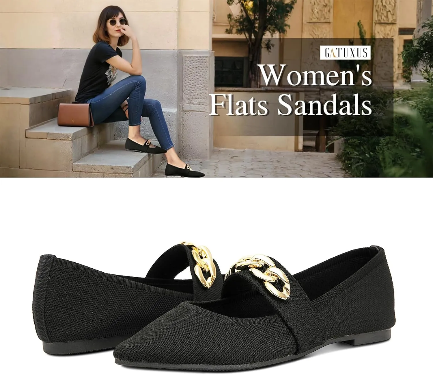 GATUXUS Women's Pointed Toe Knitted Flats Shoes Metal Chain Strap Slip On Comfortable Dress Ballet Flat Breathable