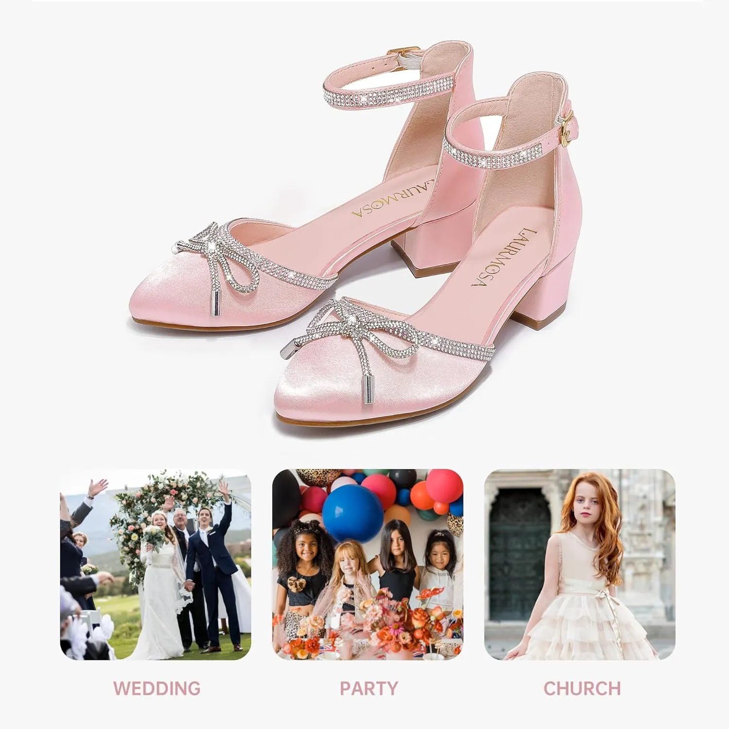 Girls Sandals Closed Toe High Heels Pointed Toe Ankle Strap Pumps Flower Girl Dressy Shoes in Wedding Party Cute Bowknot Chunky Block Heeled for Little Big Kids