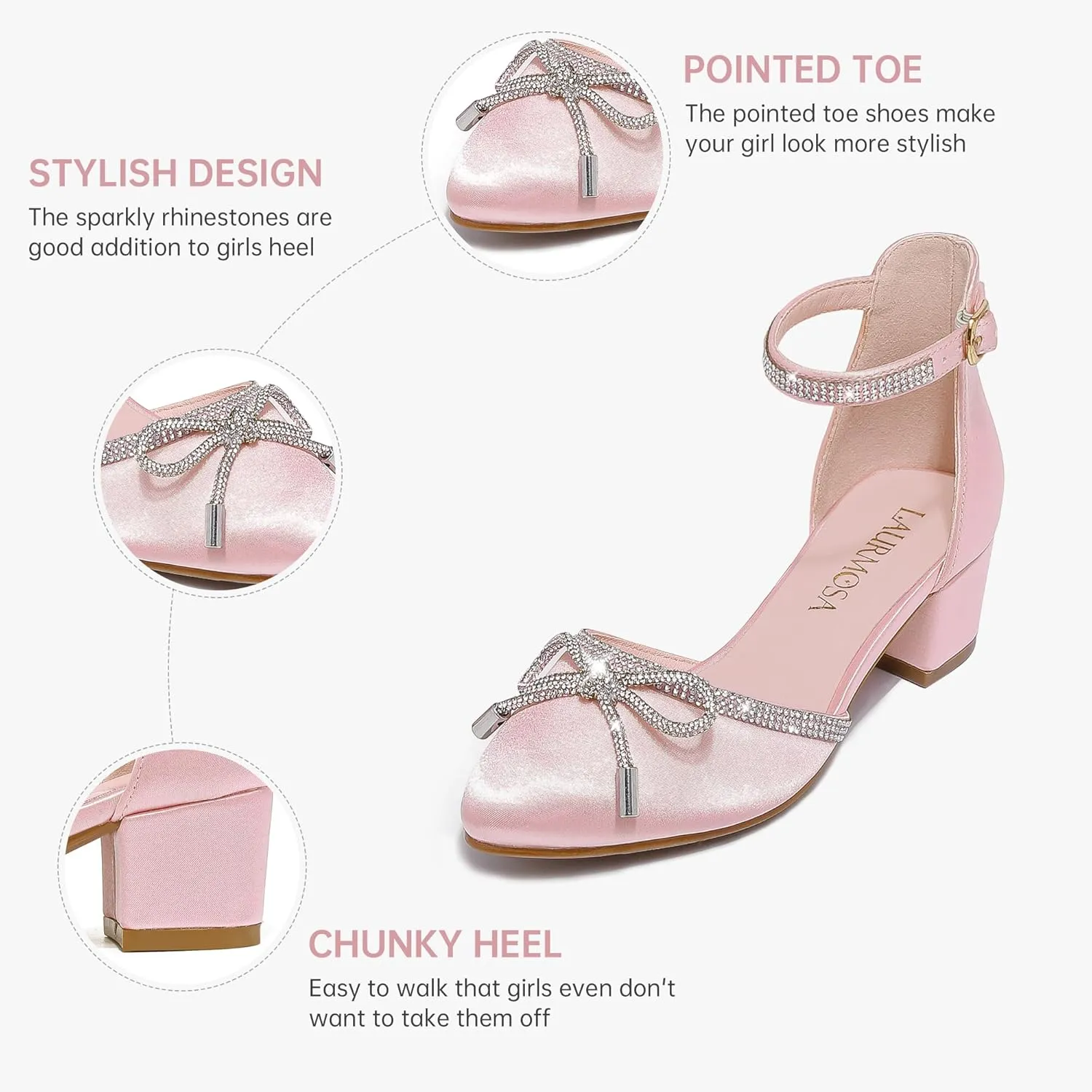 Girls Sandals Closed Toe High Heels Pointed Toe Ankle Strap Pumps Flower Girl Dressy Shoes in Wedding Party Cute Bowknot Chunky Block Heeled for Little Big Kids
