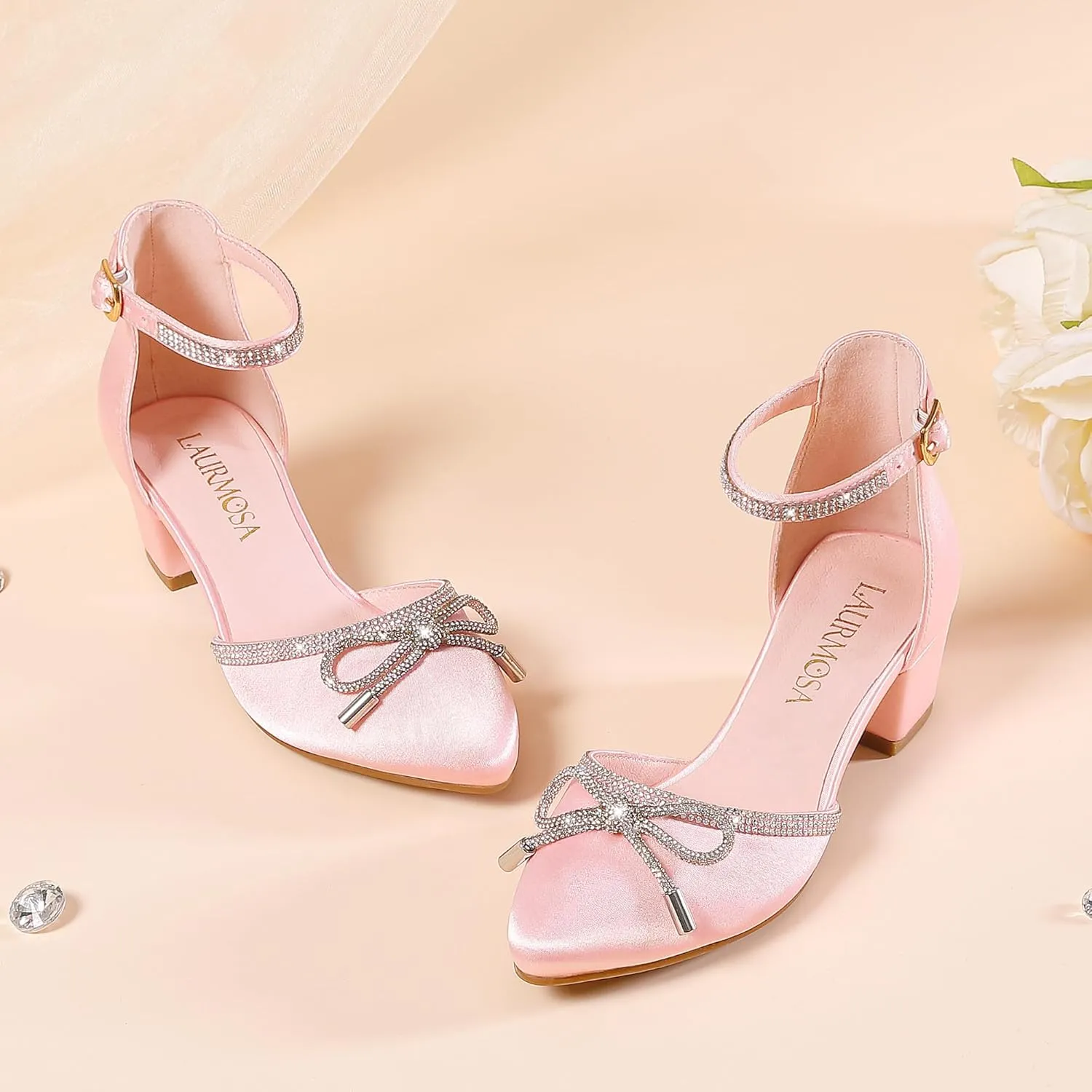 Girls Sandals Closed Toe High Heels Pointed Toe Ankle Strap Pumps Flower Girl Dressy Shoes in Wedding Party Cute Bowknot Chunky Block Heeled for Little Big Kids