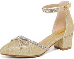 Girls Sandals Closed Toe High Heels Pointed Toe Ankle Strap Pumps Flower Girl Dressy Shoes in Wedding Party Cute Bowknot Chunky Block Heeled for Little Big Kids