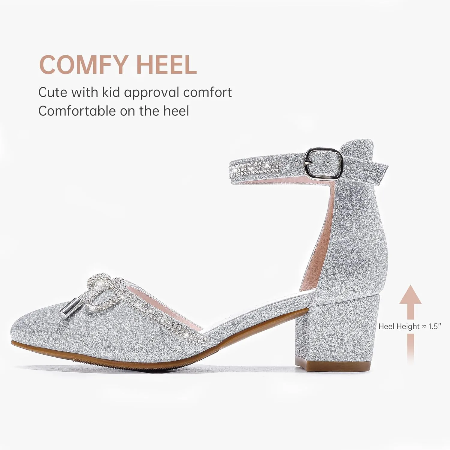 Girls Sandals Closed Toe High Heels Pointed Toe Ankle Strap Pumps Flower Girl Dressy Shoes in Wedding Party Cute Bowknot Chunky Block Heeled for Little Big Kids