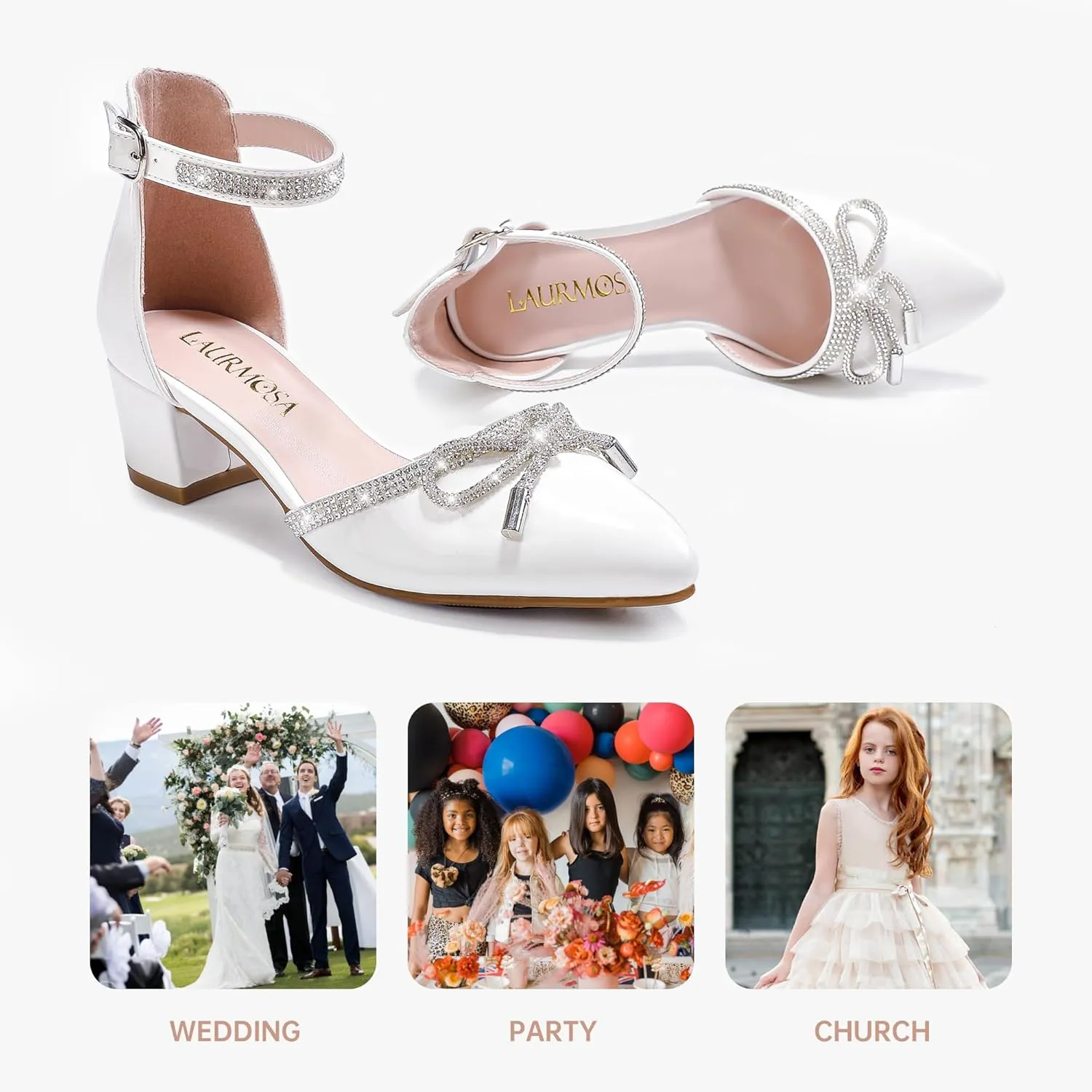 Girls Sandals Closed Toe High Heels Pointed Toe Ankle Strap Pumps Flower Girl Dressy Shoes in Wedding Party Cute Bowknot Chunky Block Heeled for Little Big Kids