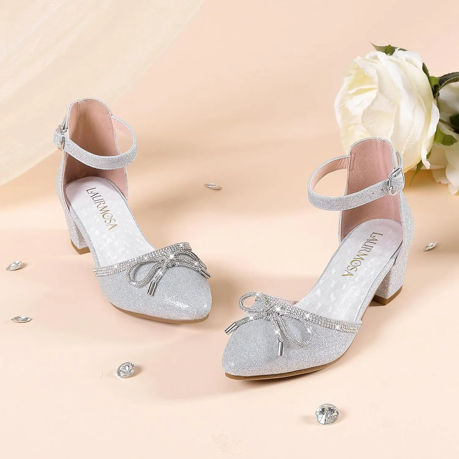 Girls Sandals Closed Toe High Heels Pointed Toe Ankle Strap Pumps Flower Girl Dressy Shoes in Wedding Party Cute Bowknot Chunky Block Heeled for Little Big Kids