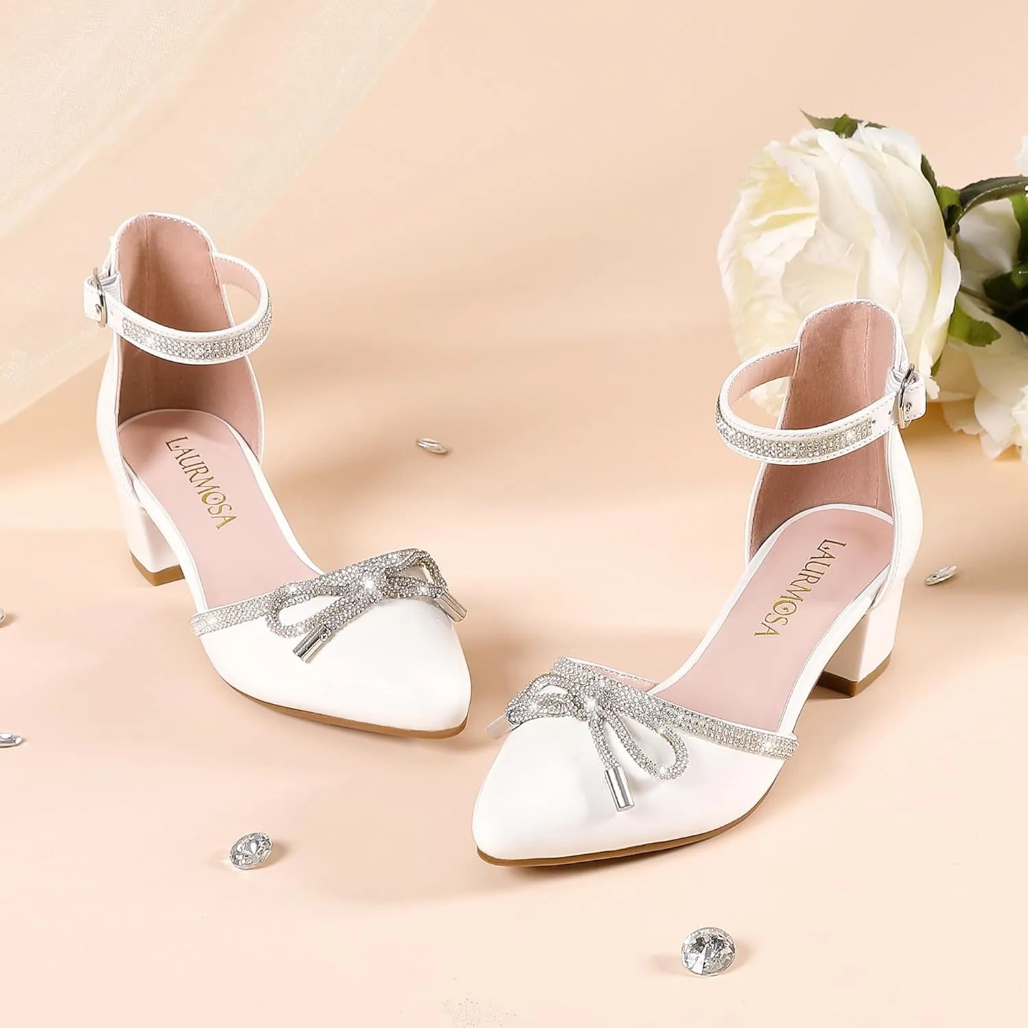 Girls Sandals Closed Toe High Heels Pointed Toe Ankle Strap Pumps Flower Girl Dressy Shoes in Wedding Party Cute Bowknot Chunky Block Heeled for Little Big Kids