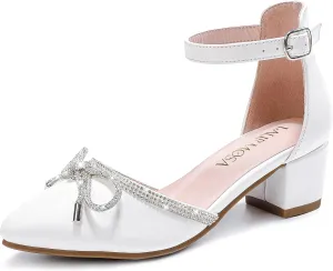 Girls Sandals Closed Toe High Heels Pointed Toe Ankle Strap Pumps Flower Girl Dressy Shoes in Wedding Party Cute Bowknot Chunky Block Heeled for Little Big Kids