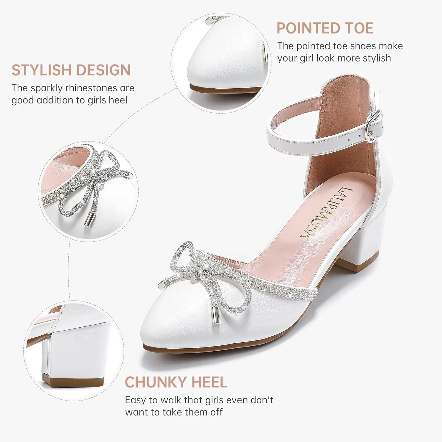 Girls Sandals Closed Toe High Heels Pointed Toe Ankle Strap Pumps Flower Girl Dressy Shoes in Wedding Party Cute Bowknot Chunky Block Heeled for Little Big Kids