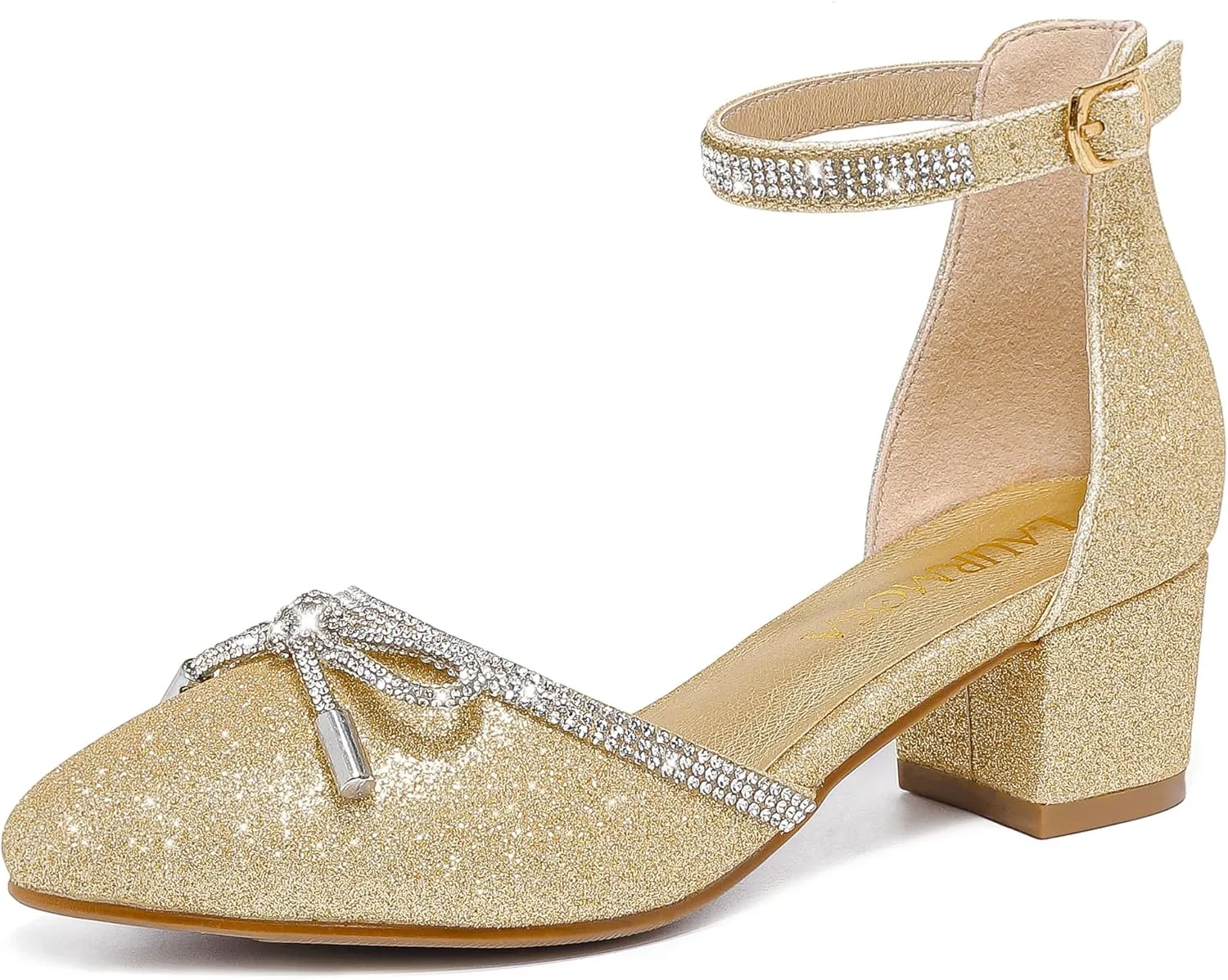 Girls Sandals Closed Toe High Heels Pointed Toe Ankle Strap Pumps Flower Girl Dressy Shoes in Wedding Party Cute Bowknot Chunky Block Heeled for Little Big Kids
