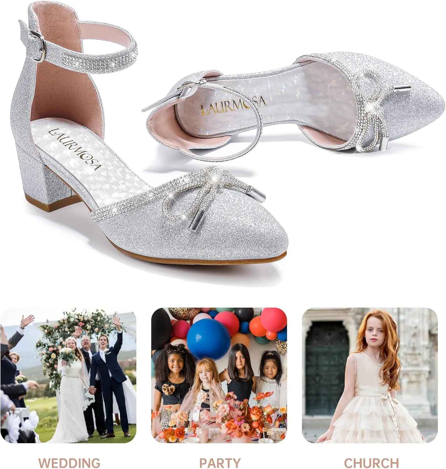 Girls Sandals Closed Toe High Heels Pointed Toe Ankle Strap Pumps Flower Girl Dressy Shoes in Wedding Party Cute Bowknot Chunky Block Heeled for Little Big Kids