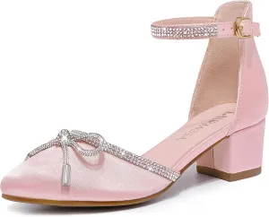 Girls Sandals Closed Toe High Heels Pointed Toe Ankle Strap Pumps Flower Girl Dressy Shoes in Wedding Party Cute Bowknot Chunky Block Heeled for Little Big Kids
