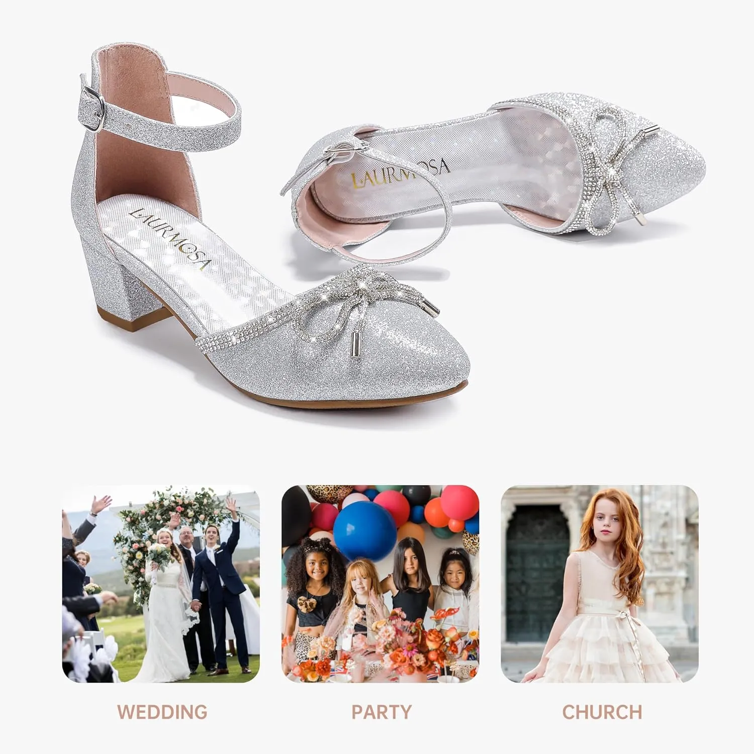 Girls Sandals Closed Toe High Heels Pointed Toe Ankle Strap Pumps Flower Girl Dressy Shoes in Wedding Party Cute Bowknot Chunky Block Heeled for Little Big Kids
