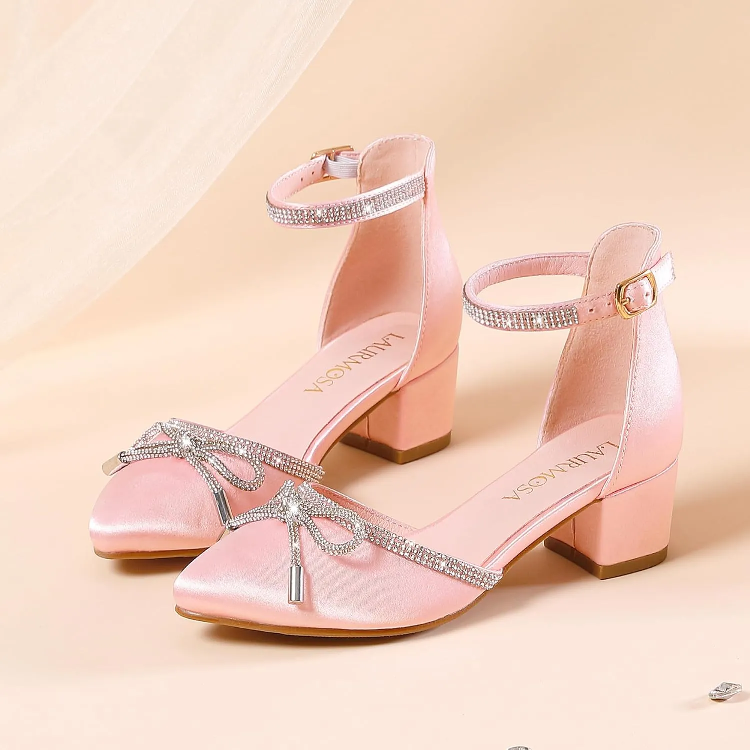Girls Sandals Closed Toe High Heels Pointed Toe Ankle Strap Pumps Flower Girl Dressy Shoes in Wedding Party Cute Bowknot Chunky Block Heeled for Little Big Kids