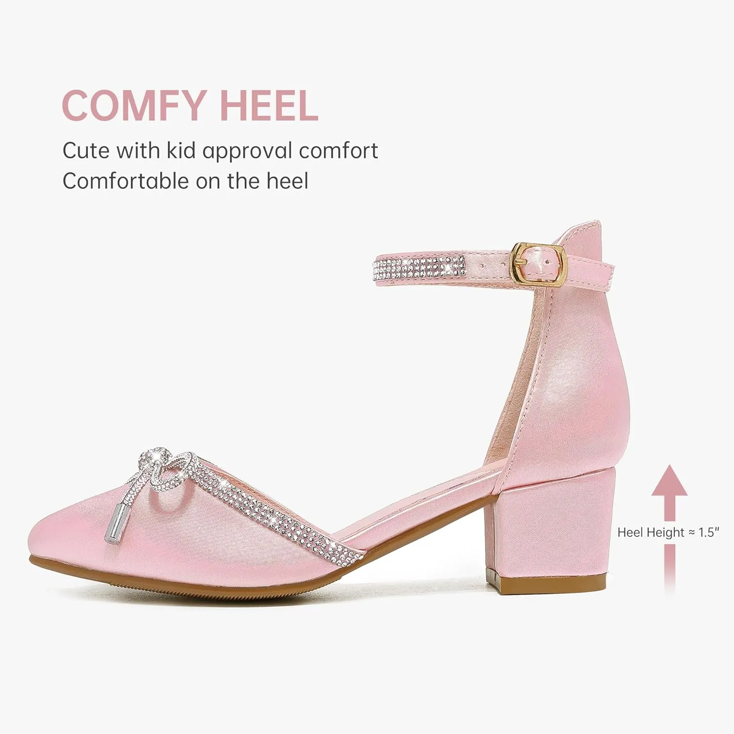 Girls Sandals Closed Toe High Heels Pointed Toe Ankle Strap Pumps Flower Girl Dressy Shoes in Wedding Party Cute Bowknot Chunky Block Heeled for Little Big Kids