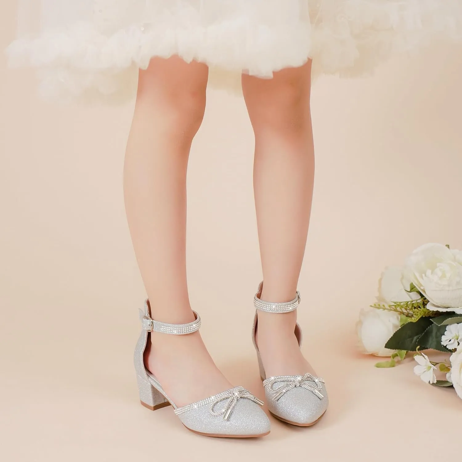Girls Sandals Closed Toe High Heels Pointed Toe Ankle Strap Pumps Flower Girl Dressy Shoes in Wedding Party Cute Bowknot Chunky Block Heeled for Little Big Kids