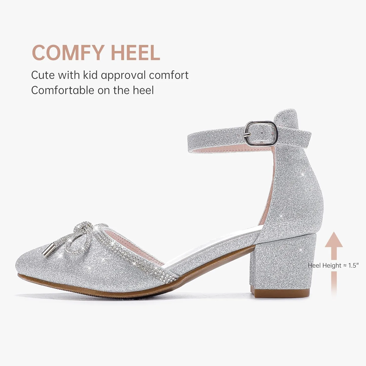 Girls Sandals Closed Toe High Heels Pointed Toe Ankle Strap Pumps Flower Girl Dressy Shoes in Wedding Party Cute Bowknot Chunky Block Heeled for Little Big Kids