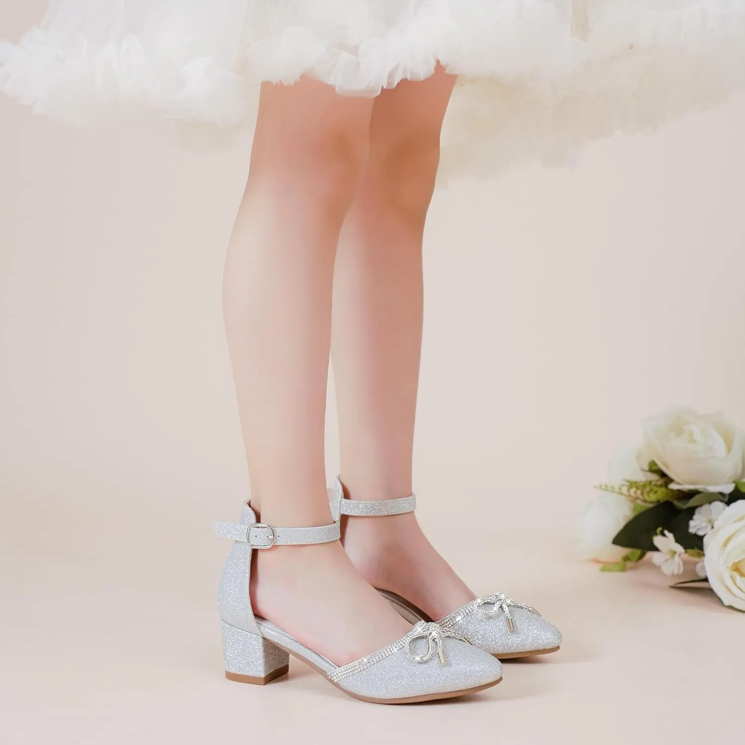 Girls Sandals Closed Toe High Heels Pointed Toe Ankle Strap Pumps Flower Girl Dressy Shoes in Wedding Party Cute Bowknot Chunky Block Heeled for Little Big Kids
