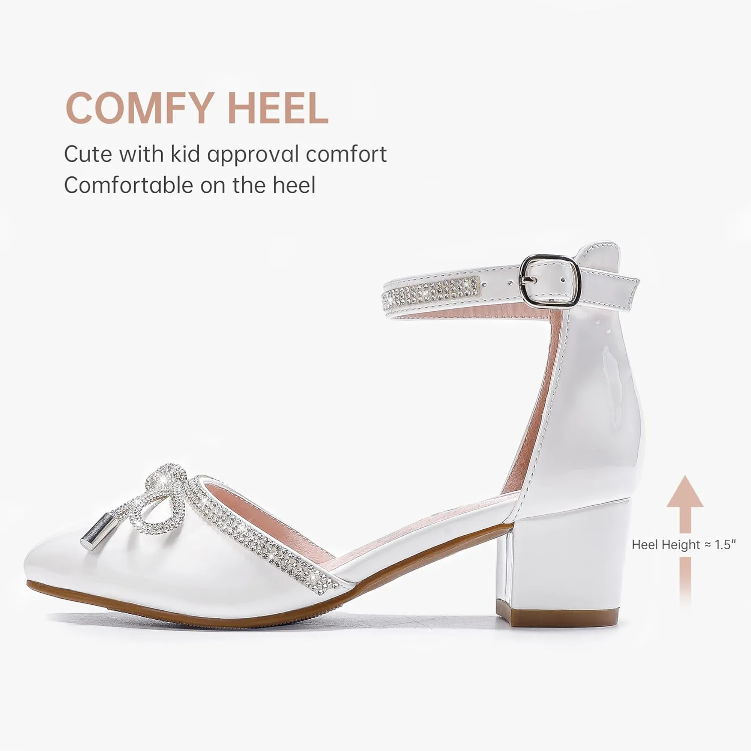Girls Sandals Closed Toe High Heels Pointed Toe Ankle Strap Pumps Flower Girl Dressy Shoes in Wedding Party Cute Bowknot Chunky Block Heeled for Little Big Kids