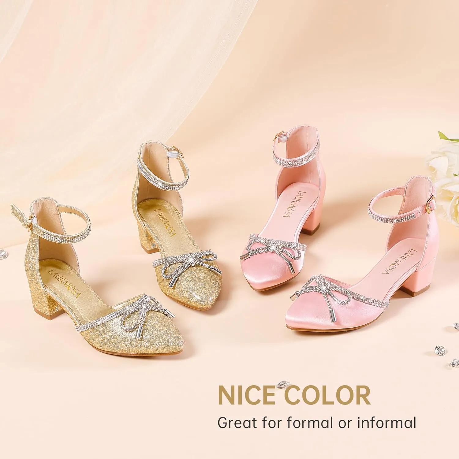 Girls Sandals Closed Toe High Heels Pointed Toe Ankle Strap Pumps Flower Girl Dressy Shoes in Wedding Party Cute Bowknot Chunky Block Heeled for Little Big Kids