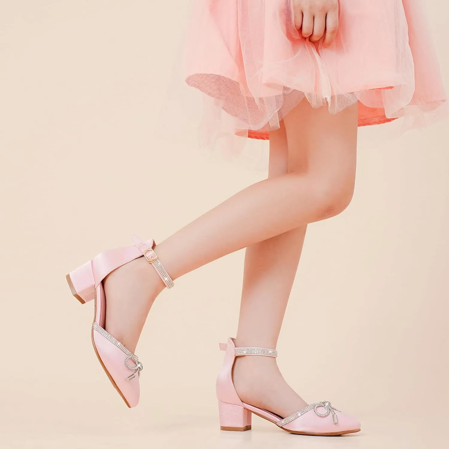 Girls Sandals Closed Toe High Heels Pointed Toe Ankle Strap Pumps Flower Girl Dressy Shoes in Wedding Party Cute Bowknot Chunky Block Heeled for Little Big Kids