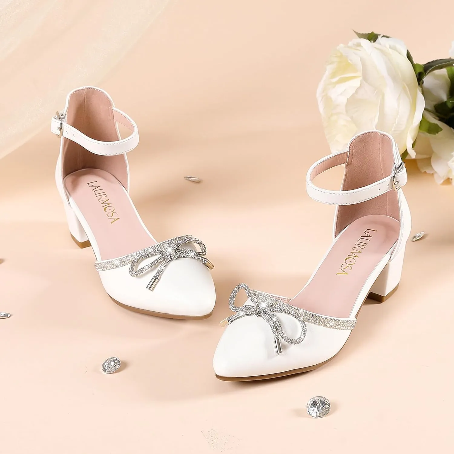 Girls Sandals Closed Toe High Heels Pointed Toe Ankle Strap Pumps Flower Girl Dressy Shoes in Wedding Party Cute Bowknot Chunky Block Heeled for Little Big Kids