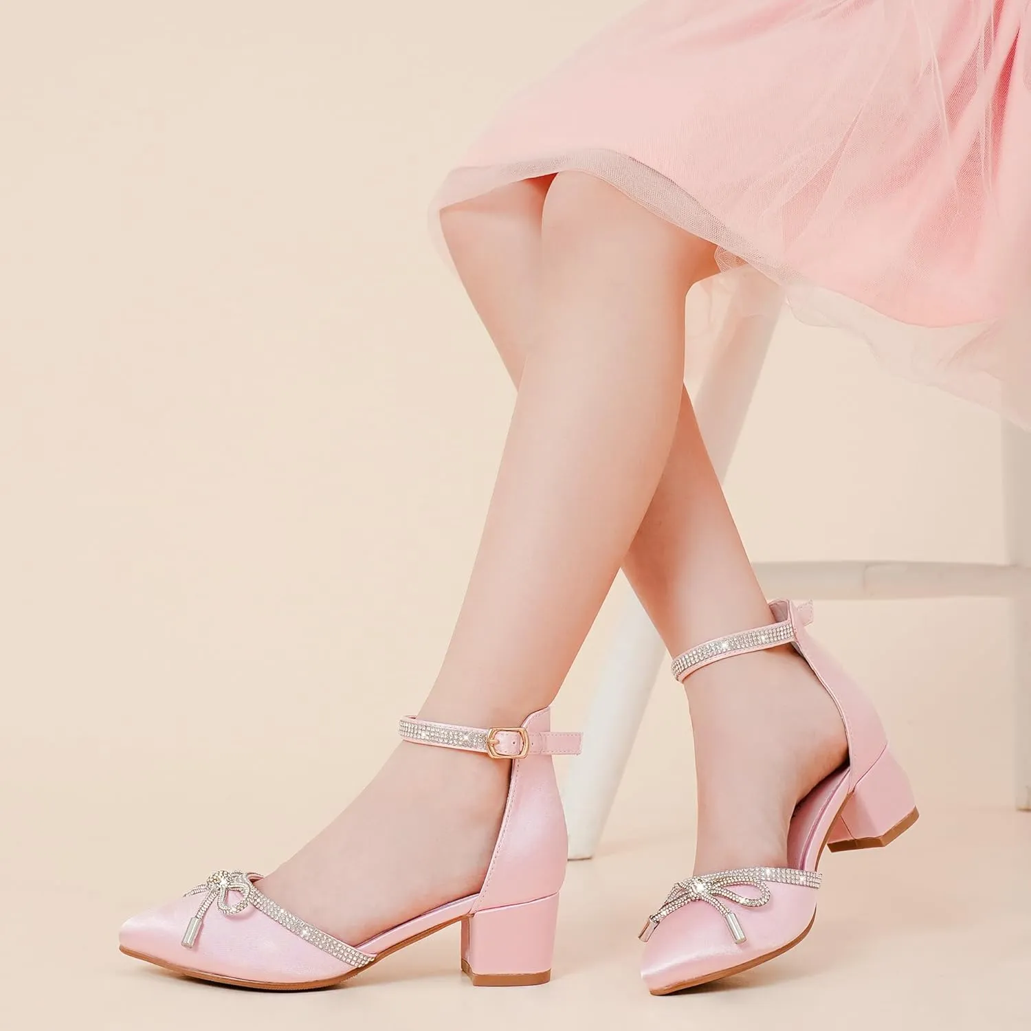 Girls Sandals Closed Toe High Heels Pointed Toe Ankle Strap Pumps Flower Girl Dressy Shoes in Wedding Party Cute Bowknot Chunky Block Heeled for Little Big Kids