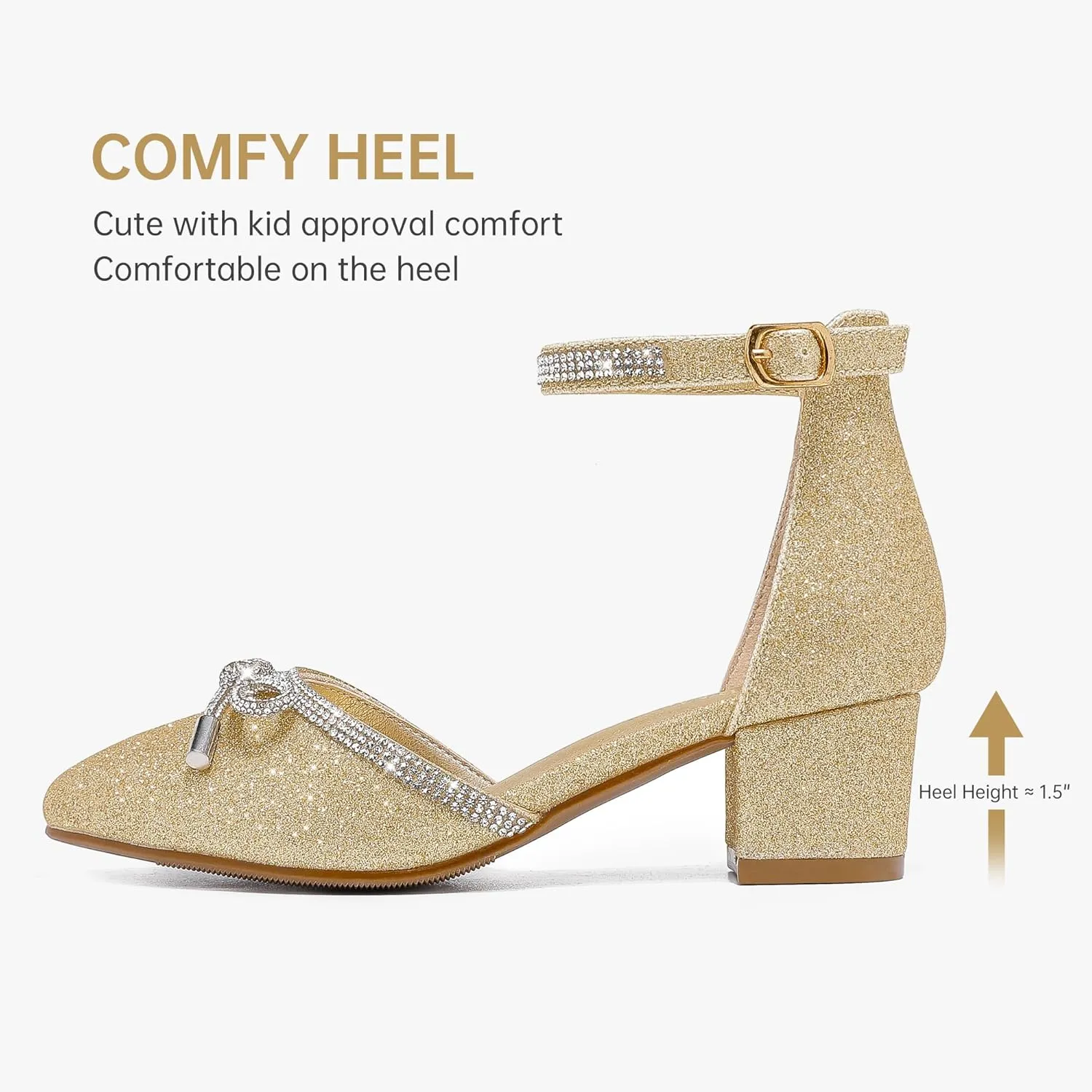 Girls Sandals Closed Toe High Heels Pointed Toe Ankle Strap Pumps Flower Girl Dressy Shoes in Wedding Party Cute Bowknot Chunky Block Heeled for Little Big Kids