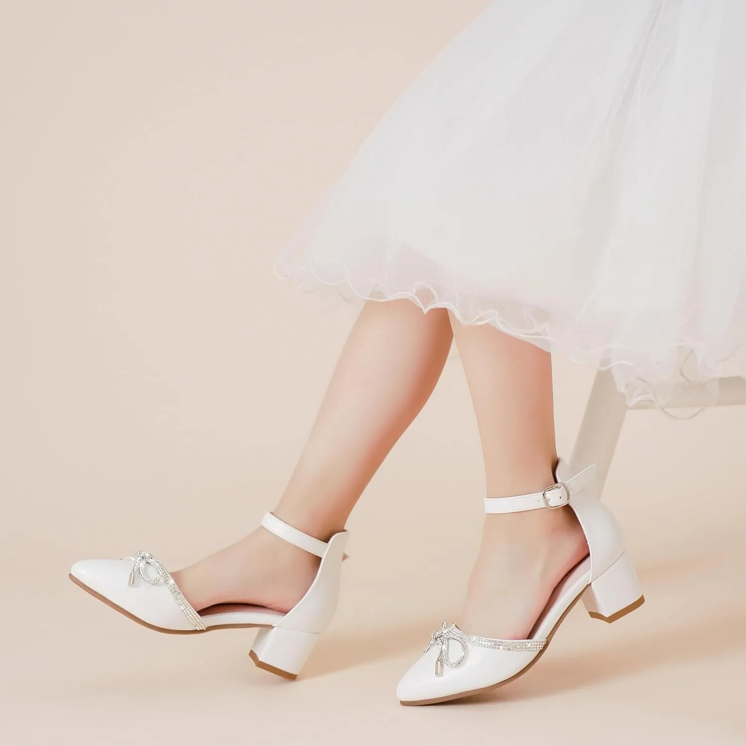 Girls Sandals Closed Toe High Heels Pointed Toe Ankle Strap Pumps Flower Girl Dressy Shoes in Wedding Party Cute Bowknot Chunky Block Heeled for Little Big Kids