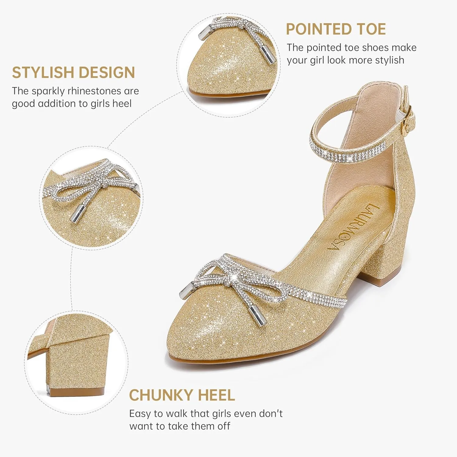 Girls Sandals Closed Toe High Heels Pointed Toe Ankle Strap Pumps Flower Girl Dressy Shoes in Wedding Party Cute Bowknot Chunky Block Heeled for Little Big Kids