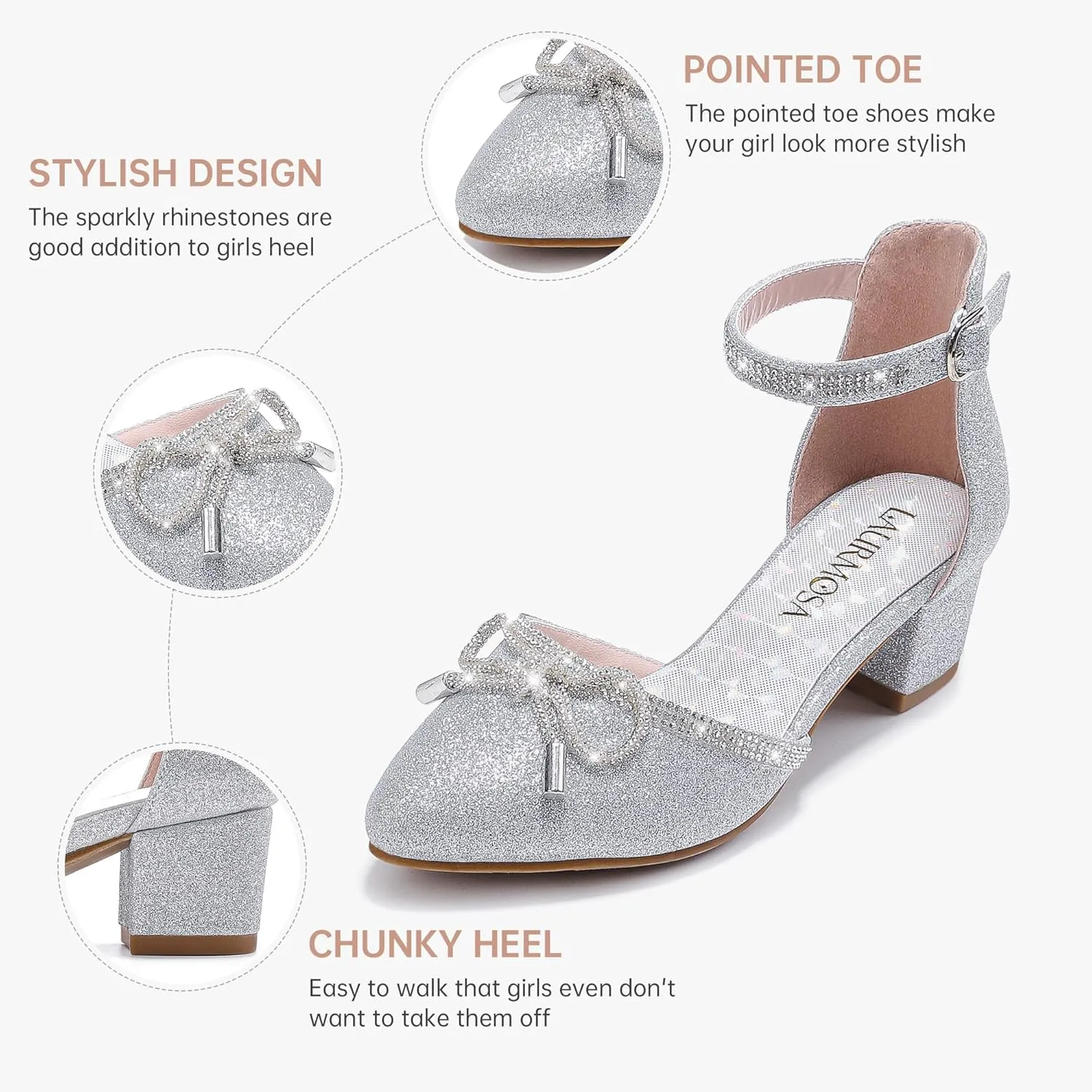 Girls Sandals Closed Toe High Heels Pointed Toe Ankle Strap Pumps Flower Girl Dressy Shoes in Wedding Party Cute Bowknot Chunky Block Heeled for Little Big Kids