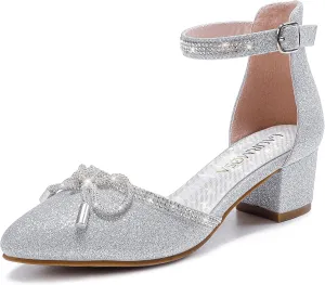 Girls Sandals Closed Toe High Heels Pointed Toe Ankle Strap Pumps Flower Girl Dressy Shoes in Wedding Party Cute Bowknot Chunky Block Heeled for Little Big Kids