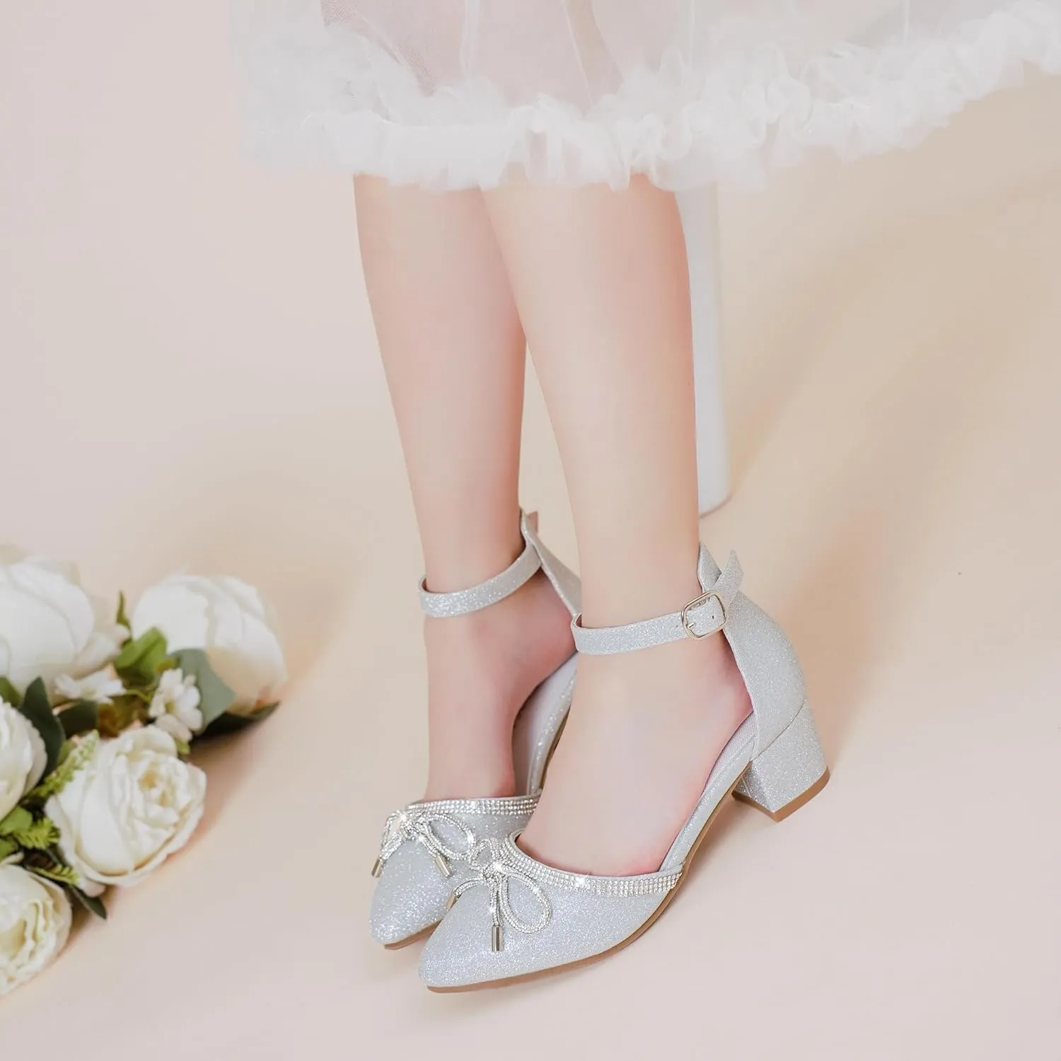 Girls Sandals Closed Toe High Heels Pointed Toe Ankle Strap Pumps Flower Girl Dressy Shoes in Wedding Party Cute Bowknot Chunky Block Heeled for Little Big Kids