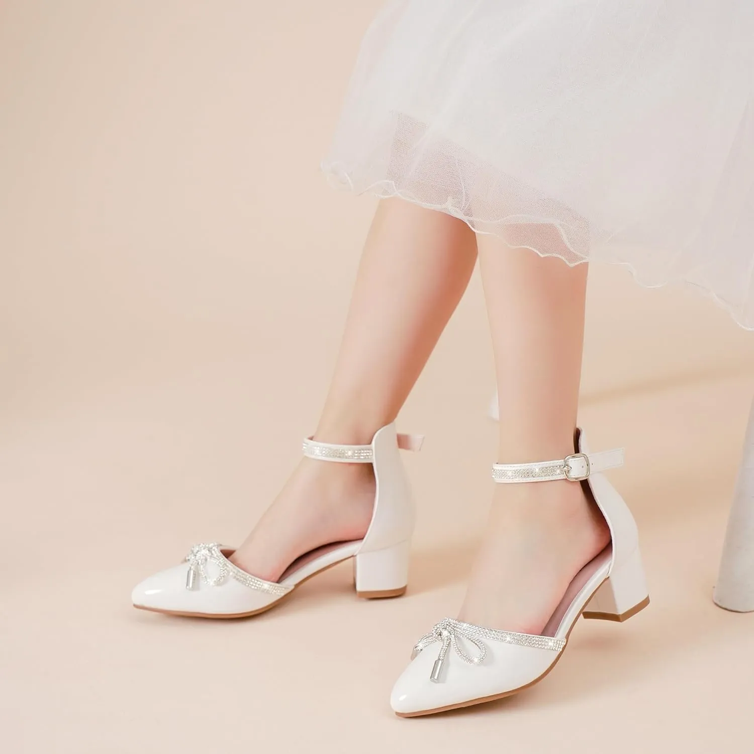 Girls Sandals Closed Toe High Heels Pointed Toe Ankle Strap Pumps Flower Girl Dressy Shoes in Wedding Party Cute Bowknot Chunky Block Heeled for Little Big Kids