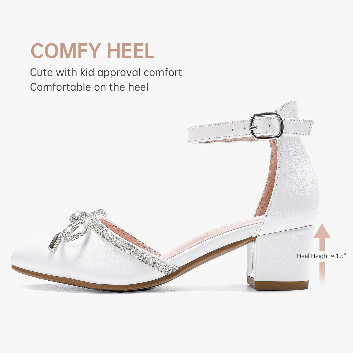 Girls Sandals Closed Toe High Heels Pointed Toe Ankle Strap Pumps Flower Girl Dressy Shoes in Wedding Party Cute Bowknot Chunky Block Heeled for Little Big Kids