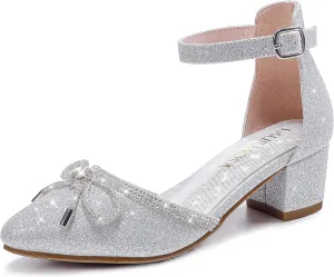 Girls Sandals Closed Toe High Heels Pointed Toe Ankle Strap Pumps Flower Girl Dressy Shoes in Wedding Party Cute Bowknot Chunky Block Heeled for Little Big Kids
