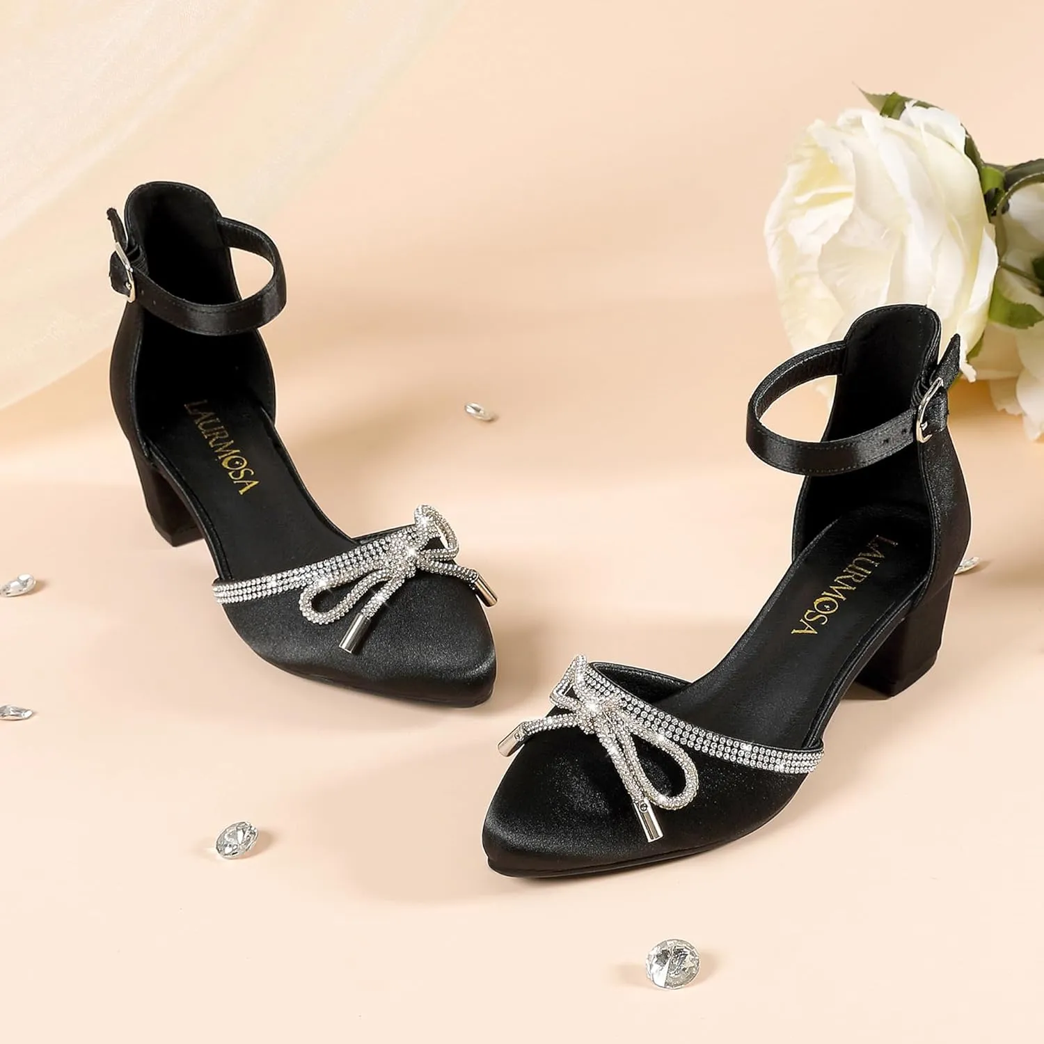 Girls Sandals Closed Toe High Heels Pointed Toe Ankle Strap Pumps Flower Girl Dressy Shoes in Wedding Party Cute Bowknot Chunky Block Heeled for Little Big Kids