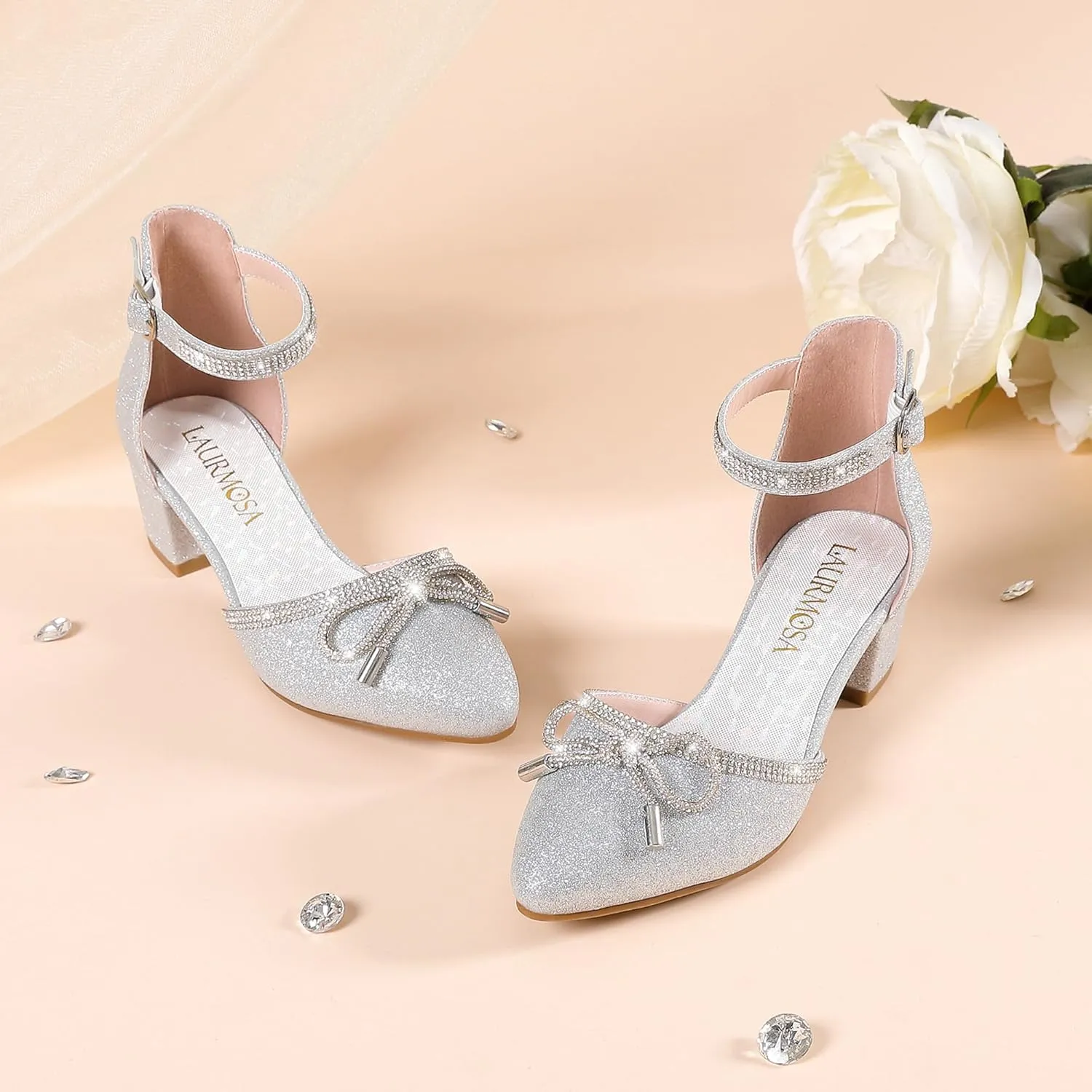 Girls Sandals Closed Toe High Heels Pointed Toe Ankle Strap Pumps Flower Girl Dressy Shoes in Wedding Party Cute Bowknot Chunky Block Heeled for Little Big Kids