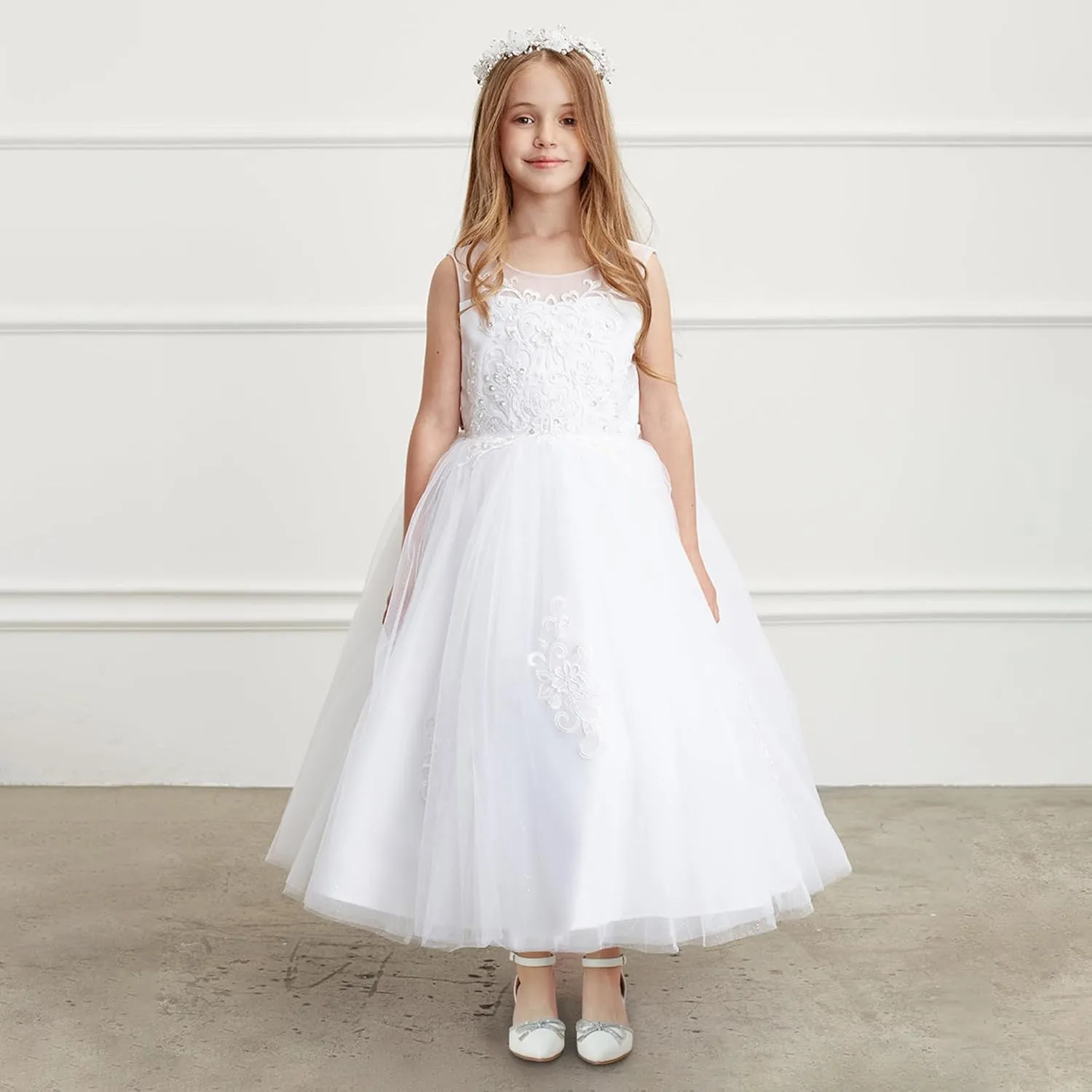 Girls Sandals Closed Toe High Heels Pointed Toe Ankle Strap Pumps Flower Girl Dressy Shoes in Wedding Party Cute Bowknot Chunky Block Heeled for Little Big Kids