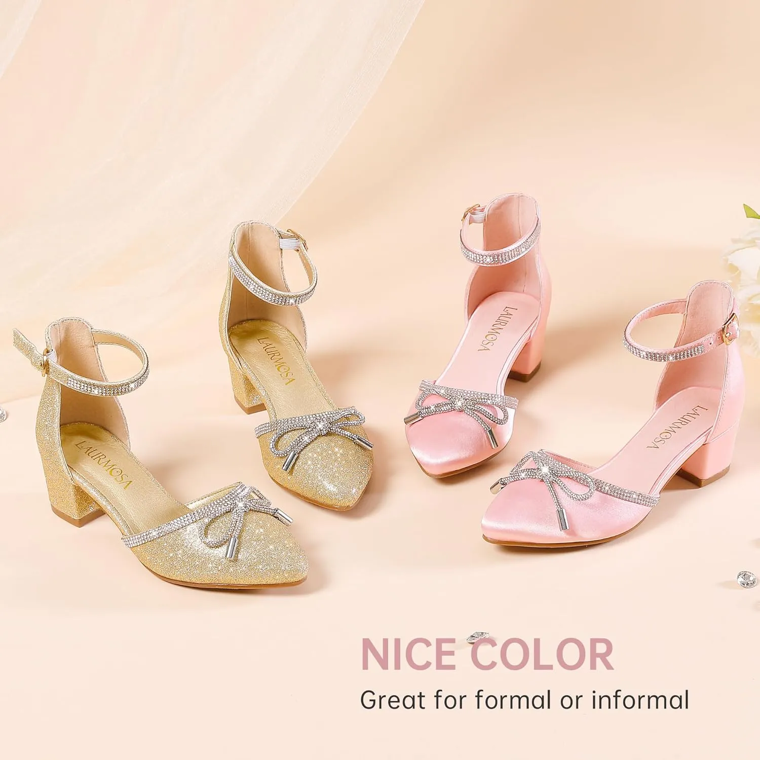 Girls Sandals Closed Toe High Heels Pointed Toe Ankle Strap Pumps Flower Girl Dressy Shoes in Wedding Party Cute Bowknot Chunky Block Heeled for Little Big Kids