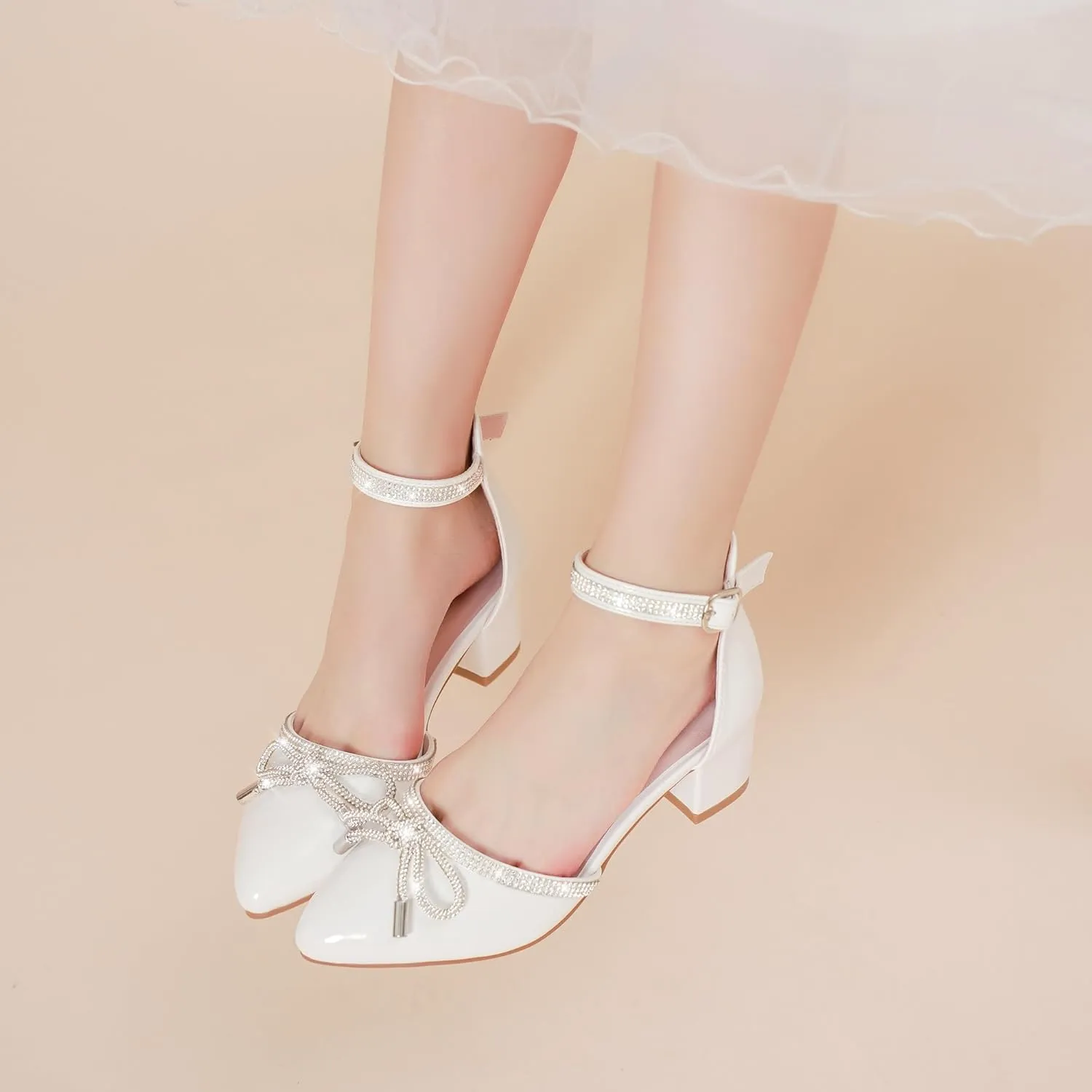 Girls Sandals Closed Toe High Heels Pointed Toe Ankle Strap Pumps Flower Girl Dressy Shoes in Wedding Party Cute Bowknot Chunky Block Heeled for Little Big Kids