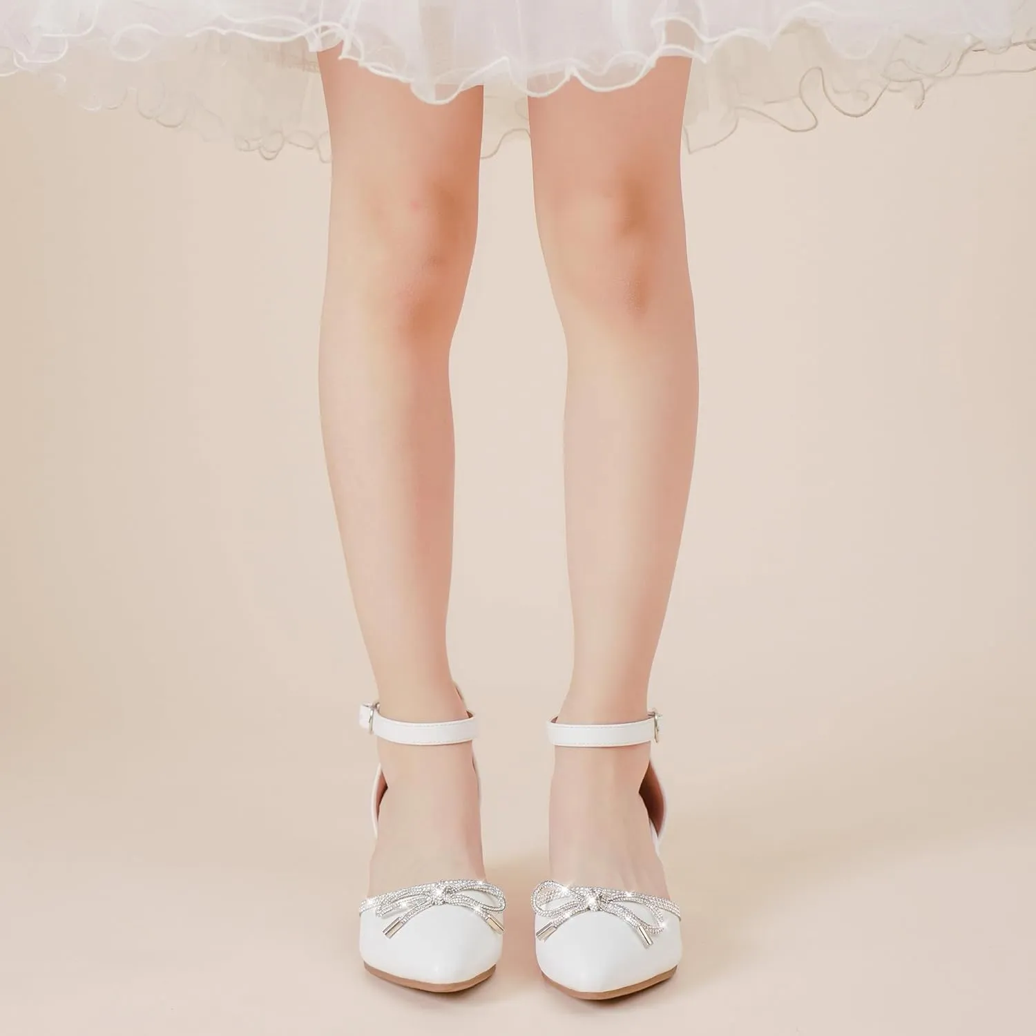Girls Sandals Closed Toe High Heels Pointed Toe Ankle Strap Pumps Flower Girl Dressy Shoes in Wedding Party Cute Bowknot Chunky Block Heeled for Little Big Kids